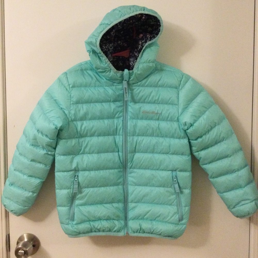 Eddie Bauer Duck Puffer Puff Jacket Girls Hood Full Zip 7/8 Pockets Reversible